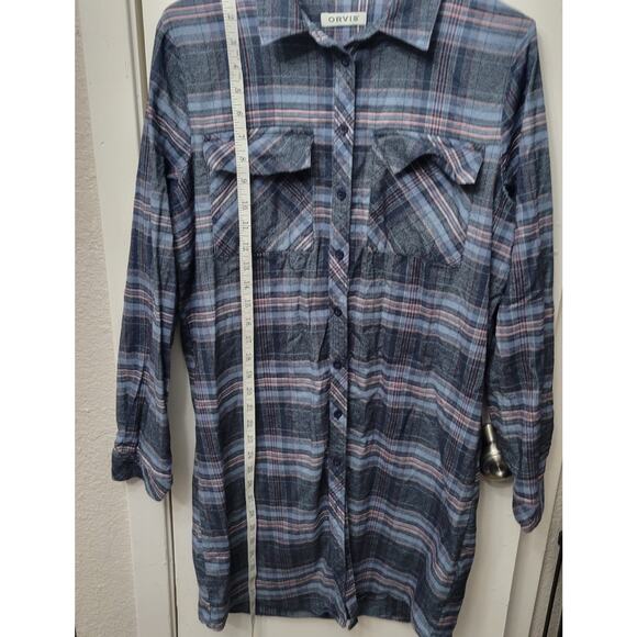ORVIS Lodge Women's Medium Flannel Shirtdress Plaid Blue Pink Front Button-up - Picture 3 of 8
